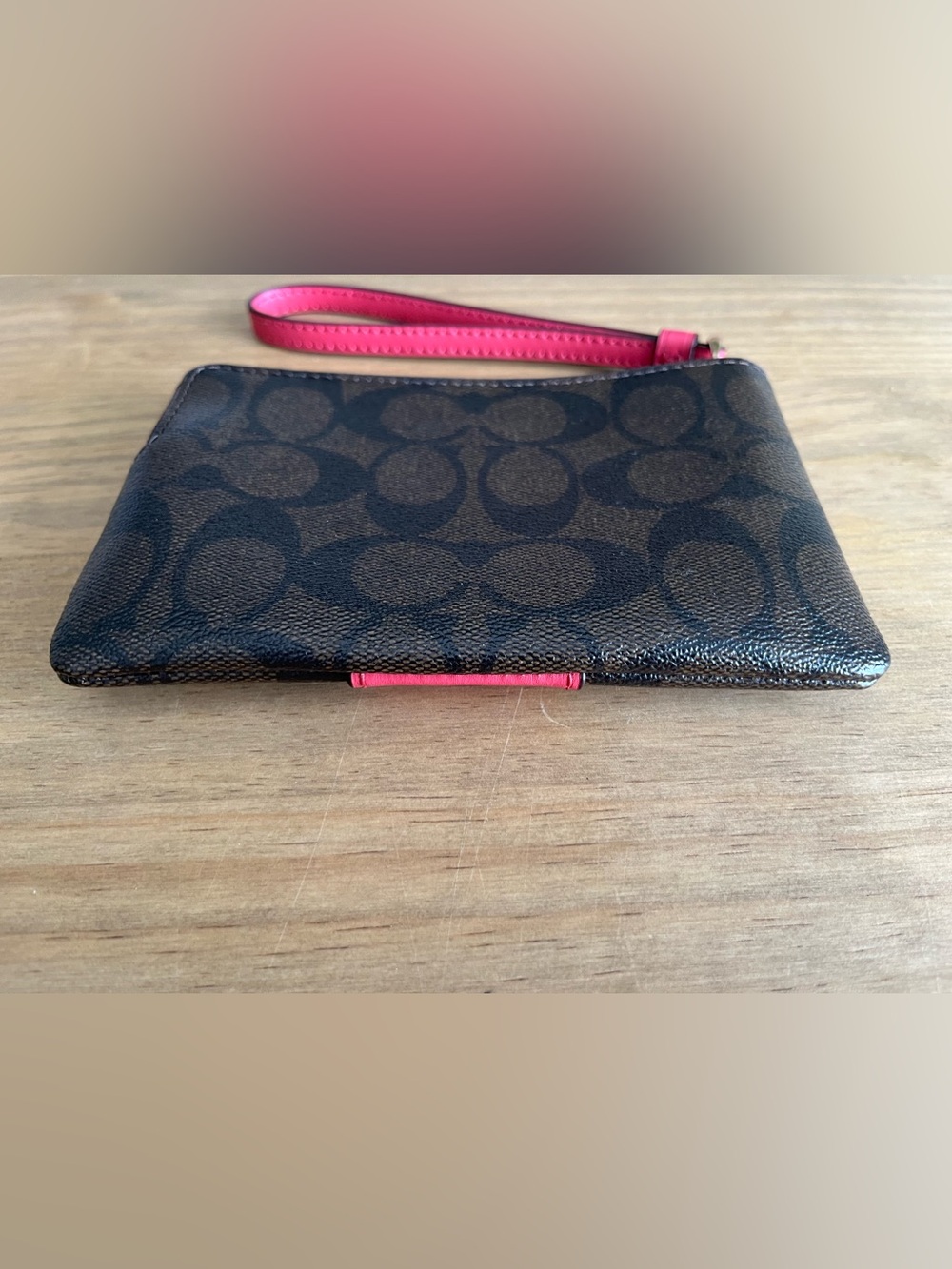 NWT COACH Corner Zip Wristlet F58035 Signature Canvas Leather Stripe Brown Pink - Picture 4 of 6